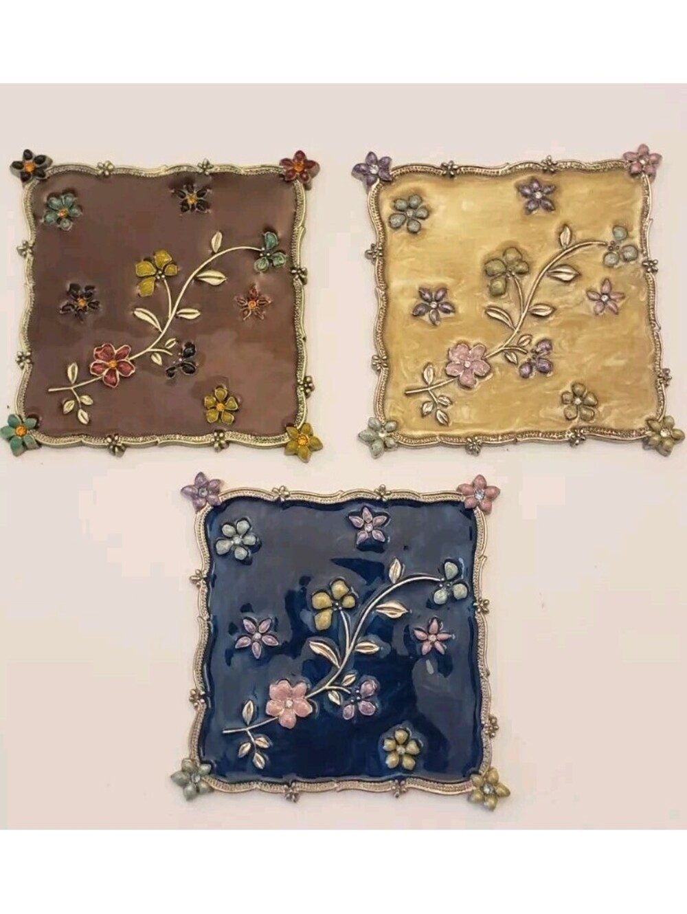 Vintage Enamel Metal Coasters Trivet Plates Floral Stone Gem Embossed